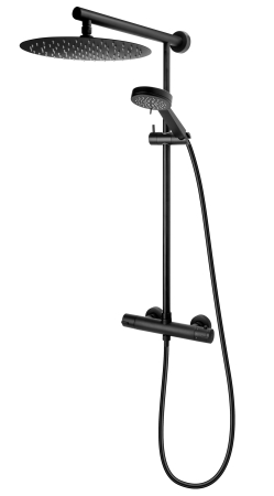 Coloane de dus termostatate - Coloana dus Anima Black, cu baterie termostatata, bara dus reglabila, cap de dus fix rotund, para si furtun de dus, negru