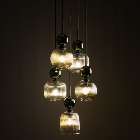 Iluminat interior si exterior - Lampă Suspendată TK Lighting SOPHIA GREEN COGNAC 5xE14 – Corp de Iluminat Modern din Sticlă Verde Cognac și Metal Auriu
