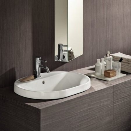 LAVOAR ÎNCORPORAT GEBERIT VARIFORM, ELIPTIC, CU BANC CU ORIFICII DE ROBINET B-60CM, T-45CM, PREAPLIN VIZIBIL, GLAZURAT ALB [1]