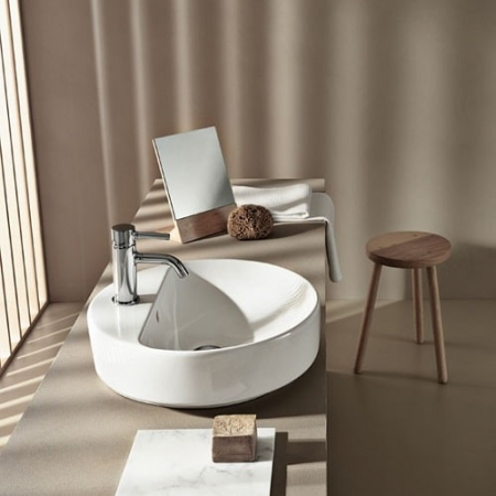 LAVOAR PE BLAT GEBERIT VARIFORM, ROTUND, CU BANC CU ORIFICII DE ROBINET D-45CM, PREAPLIN VIZIBIL, ALB [1]