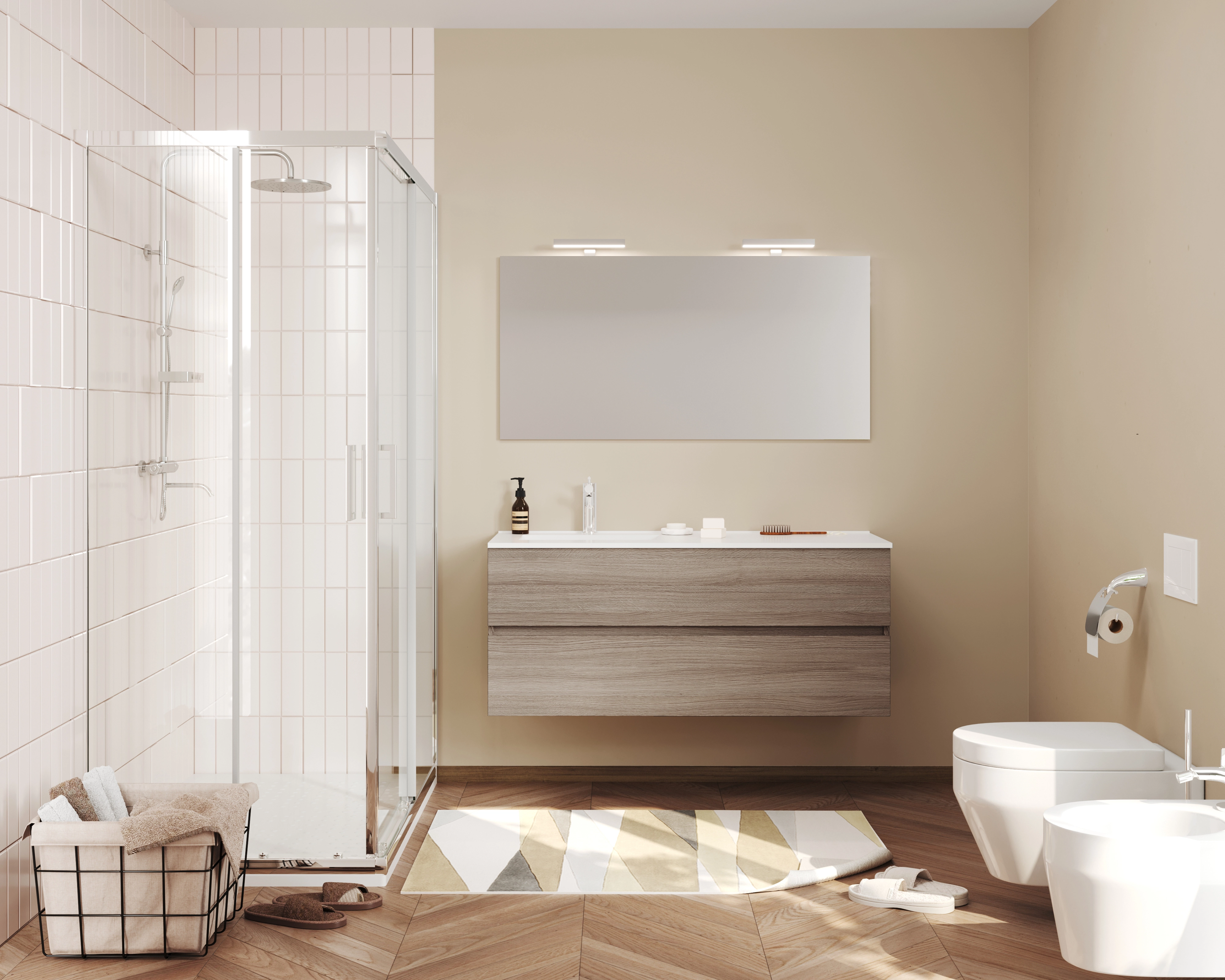 Seturi mobilier baie - Mobilier de baie Savini Due Crea colectia Easy ,rovere fumo set :baza + lavoar ceramic + oglinda + lampa