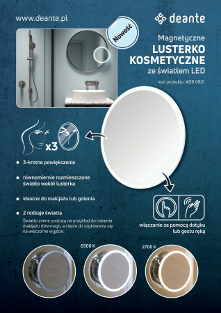 Oglindă cosmetică, magnetic - Bec LED, Deante, Round,Cromat [6]