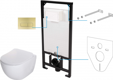 Set vas wc cu rezervor incastrat si clapeta - Set WC, îngropat, 6 în 1,Deate Peonia-vas wc+capac+rezervor incastrat+clapeta aurie-panou fonoabsorbat si sistem de fixare