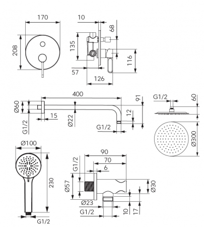 Sistem de dus incastrat FDesign Zaffiro, 2 functii, palarie dus fixa 30 cm, brat dus 40 cm si para mobila, negru-aur roz [1]