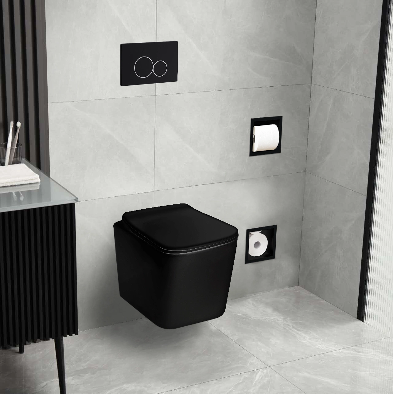 Pisoare - Vas WC suspendat Balneo Luga Rimless negru, fără ramă, cu capac cu închidere lentă din duroplast