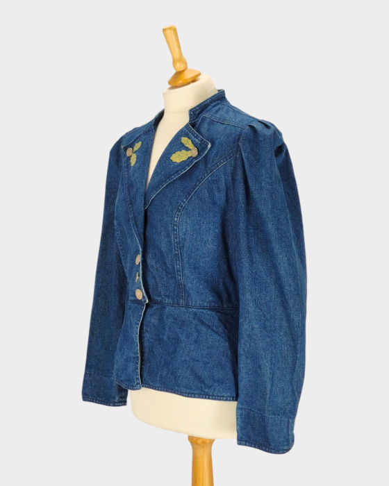 Blazer denim stil austriac cu peplum și umeri bufanți [2]