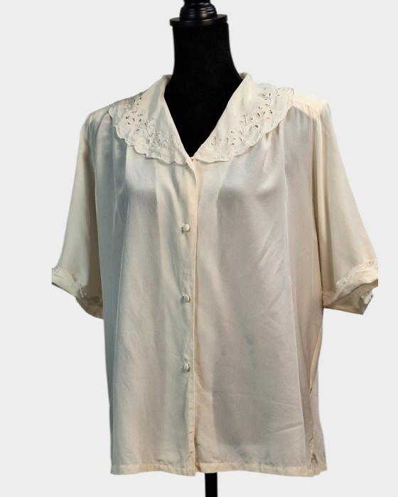 Bluză vintage din mătase naturală 100% ivory cu guler brodat [1]