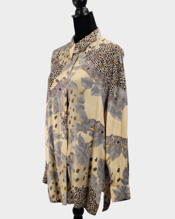 Camasa dama imprimeu leopard si motive botanice crem [2]