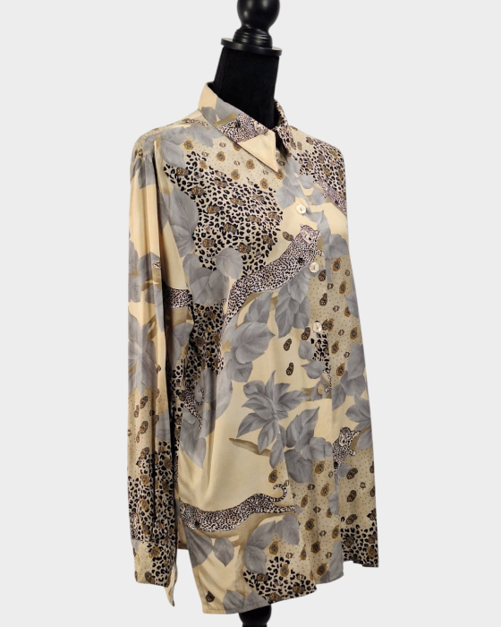 Camasa dama imprimeu leopard si motive botanice crem [4]