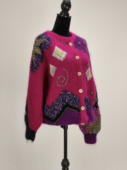 Cardigan artizanal magenta mohair fir metalic oversize XL XXL [4]