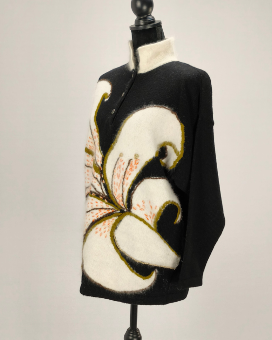 Cecilia Benetti cardigan Made in Italy lână angora negru cu floare albă [2]