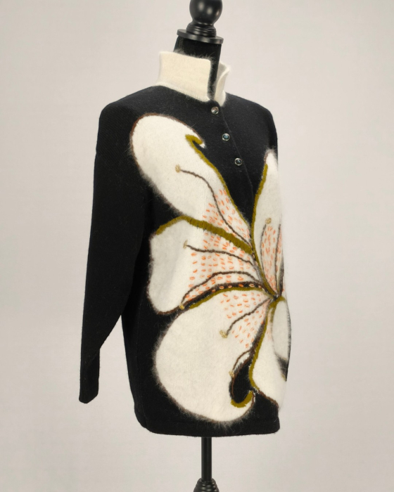 Cecilia Benetti cardigan Made in Italy lână angora negru cu floare albă [4]