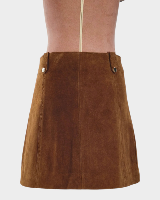 Fustă mini Claudie Pierlot din piele întoarsă maro, cu capse argintii, mărime S–M URL produs: claudie-pierlot-fusta-mini-piele-intoarsa-maro-capse-s-m [3]