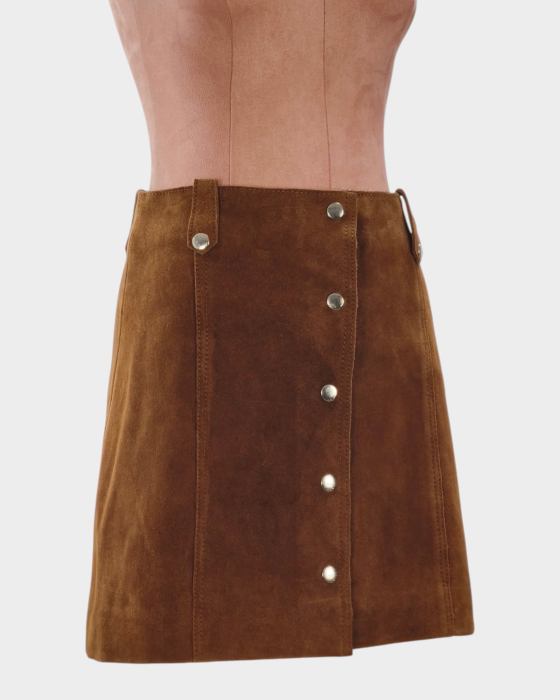 Fustă mini Claudie Pierlot din piele întoarsă maro, cu capse argintii, mărime S–M URL produs: claudie-pierlot-fusta-mini-piele-intoarsa-maro-capse-s-m [4]