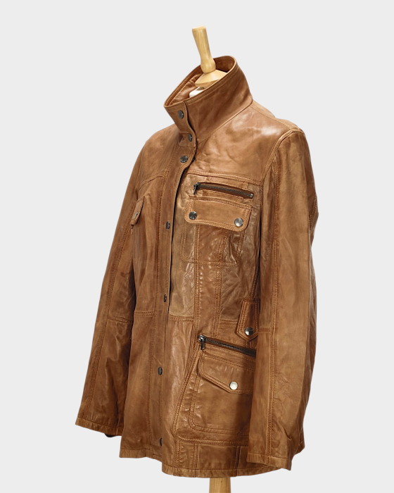 Geacă din piele maro caramel stil boho-safari cu capse [4]