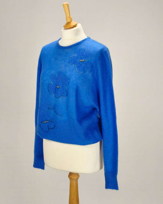 Hirondelle pulover Made in Italy blend de mohair albastru cu flori și strasuri [2]