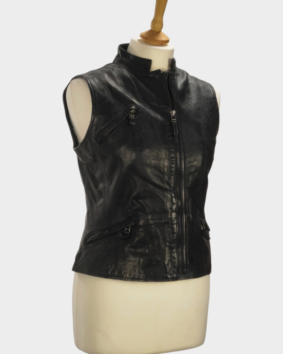 Vestă Massimo Dutti din piele netedă gri petrol, cu fermoar, mărime S [4]