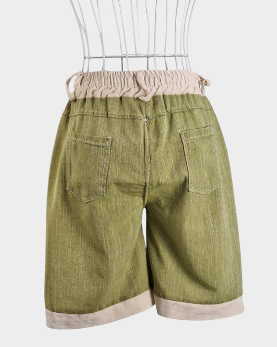 Pantaloni scurti din in si bumbac verde oliv cu detalii bej [3]
