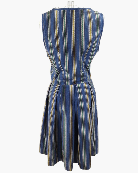 Rochie vintage 100% bumbac stil Dirndl albastră cu dungi și șiret reglabil [3]