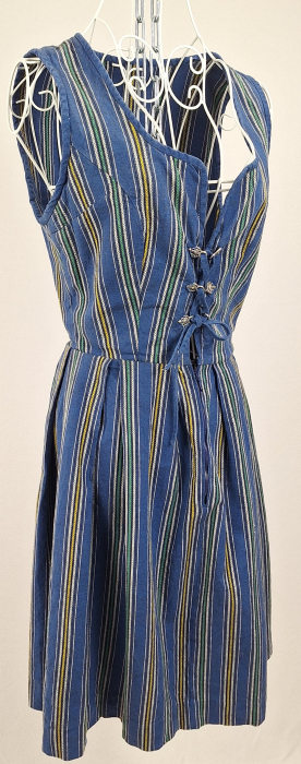 Rochie vintage 100% bumbac stil Dirndl albastră cu dungi și șiret reglabil [2]