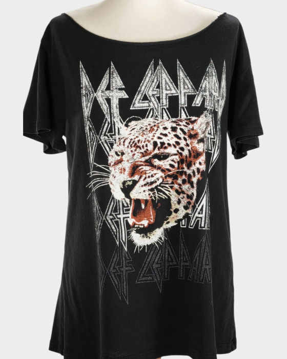 Tricou negru Def Leppard cu imprimeu leopard crem și cărămiziu [2]
