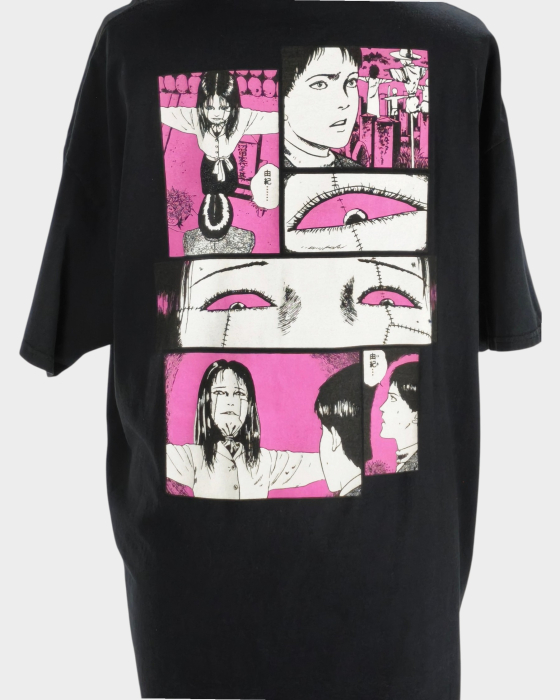 Tricou negru Junji Ito Scarecrow bumbac imprimeu roz față-spate [6]