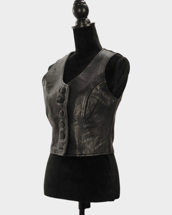 Vestă scurtă din piele netedă neagră cu nasturi Made in Australia [2]
