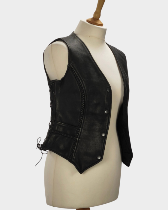 Vestă Xtreme Design Clothing piele neagră cu șnururi laterale și împletituri [4]