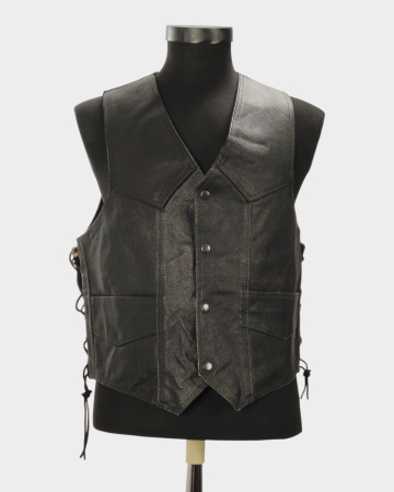 Veste - Vestă Bikers Gear din piele neagră cu capse și șnururi laterale
