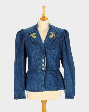 Femei - Blazer denim stil austriac cu peplum și umeri bufanți