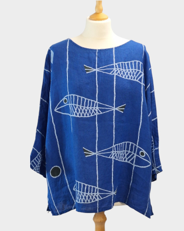 Bluze și cămăși - bluza-din-in-albastra-imprimeu-artistic-marin-caramia