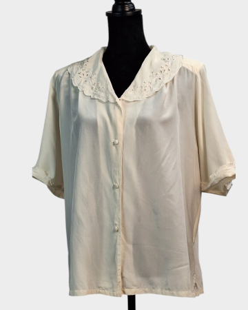 Bluze și cămăși - Bluză vintage din mătase naturală 100% ivory cu guler brodat