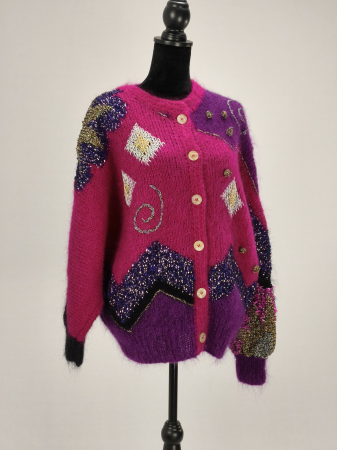 Pulovere și cardigane - Cardigan artizanal magenta mohair fir metalic oversize XL XXL