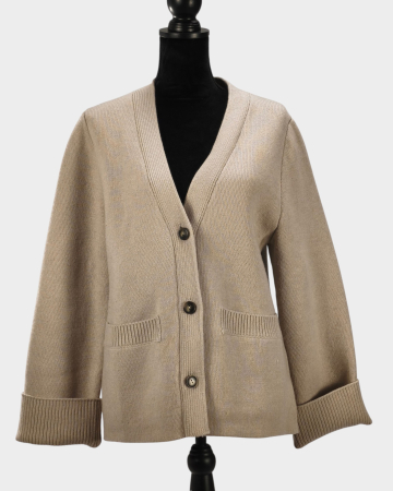 Pulovere și cardigane - Cardigan bej 100% lână nasturi buzunare M–L