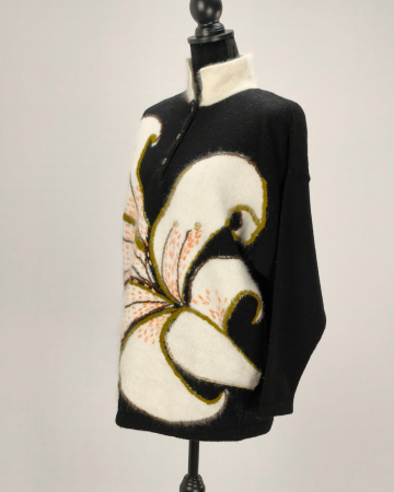 Cecilia Benetti cardigan Made in Italy lână angora negru cu floare albă [1]