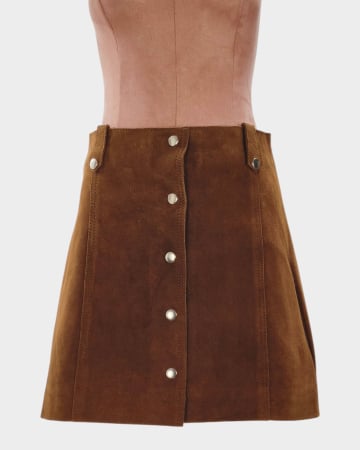 Femei - Fustă mini Claudie Pierlot din piele întoarsă maro, cu capse argintii, mărime S–M URL produs: claudie-pierlot-fusta-mini-piele-intoarsa-maro-capse-s-m