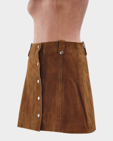 Fustă mini Claudie Pierlot din piele întoarsă maro, cu capse argintii, mărime S–M URL produs: claudie-pierlot-fusta-mini-piele-intoarsa-maro-capse-s-m [1]