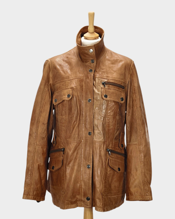 Femei - Geacă din piele maro caramel stil boho-safari cu capse