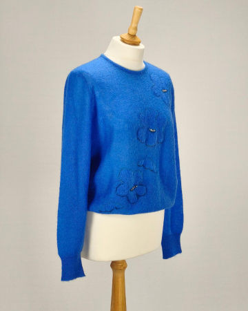 Hirondelle pulover Made in Italy blend de mohair albastru cu flori și strasuri [3]