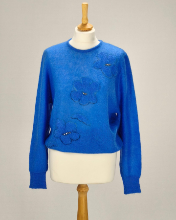 Pulovere și cardigane - Hirondelle pulover Made in Italy blend de mohair albastru cu flori și strasuri