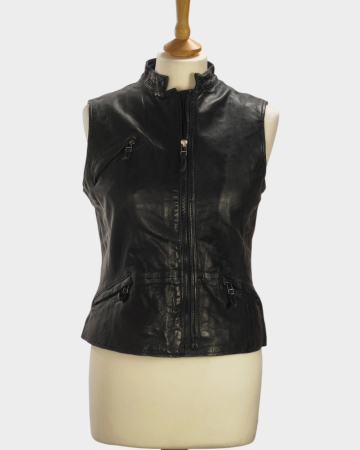 Veste - Vestă Massimo Dutti din piele netedă gri petrol, cu fermoar, mărime S