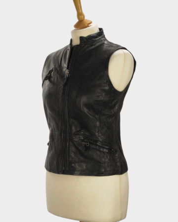Vestă Massimo Dutti din piele netedă gri petrol, cu fermoar, mărime S [1]