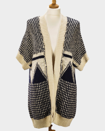 Pulovere și cardigane - MOS MOSH cardigan alb bleumarin 100% bumbac geometric S–L