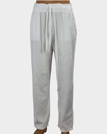 Pantaloni - Pantaloni albi din in și vâscoză cu talie elastică mărime L