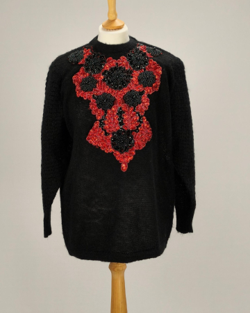 Pulovere și cardigane - Pulover artizanal negru blend de mohair cu paiete roșii și mărgele negre