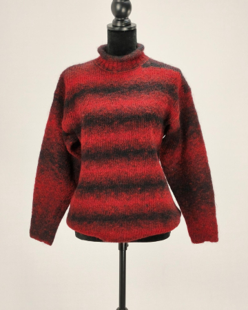 Pulovere și cardigane - Pulover blend de mohair roșu cu negru, guler înalt, M-L