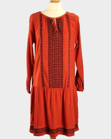 Rochii - Rochie midi boho rosu caramiziu viscoza bumbac broderie M-L