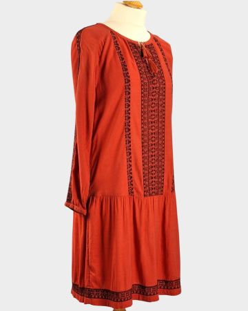 Rochie midi boho rosu caramiziu viscoza bumbac broderie M-L [5]
