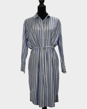 Rochii - Rochie-cămașă H&M bleu cu dungi albe din in și bumbac