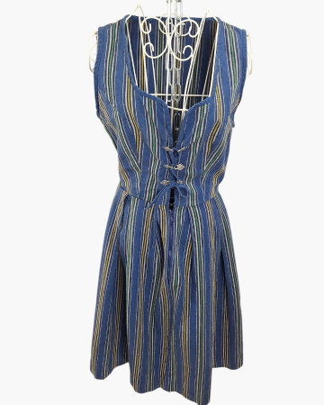 Rochii - Rochie vintage 100% bumbac stil Dirndl albastră cu dungi și șiret reglabil